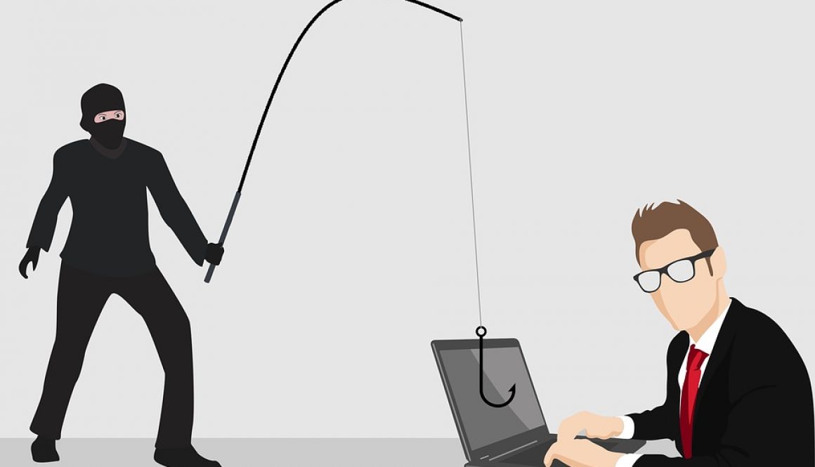 A masked person in black holds a fishing rod with a hook aimed at a laptop, while a person in a suit and glasses types on the laptop, symbolizing a phishing cyberattack.
