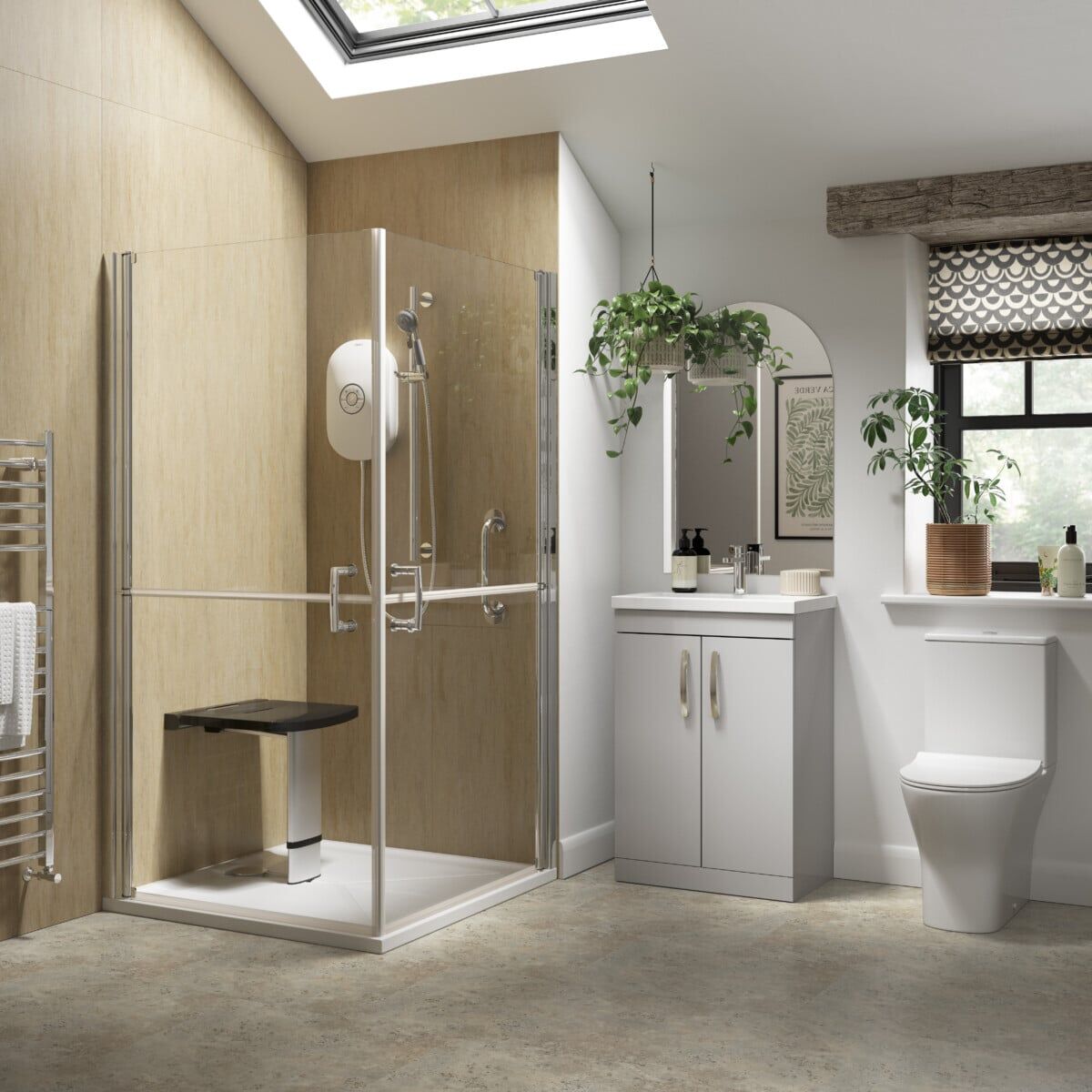 Modern accessible bathroom with a walk-in shower featuring a seat and grab bars, a white sink vanity with a mirror, a toilet, towel radiator, potted plant, and natural light from a skylight.