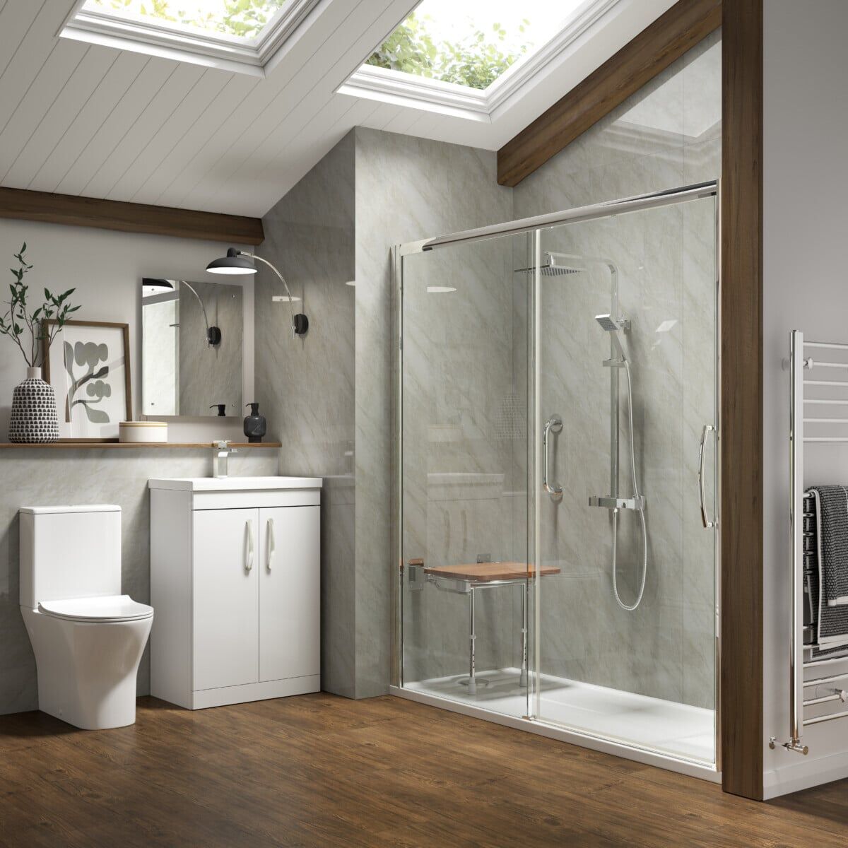 Modern bathroom with wood floors, skylight, white toilet, vanity with sink, mirror, wall-mounted light, glass shower with bench and grab bars, towel warmer, and decorative plants on the vanity.