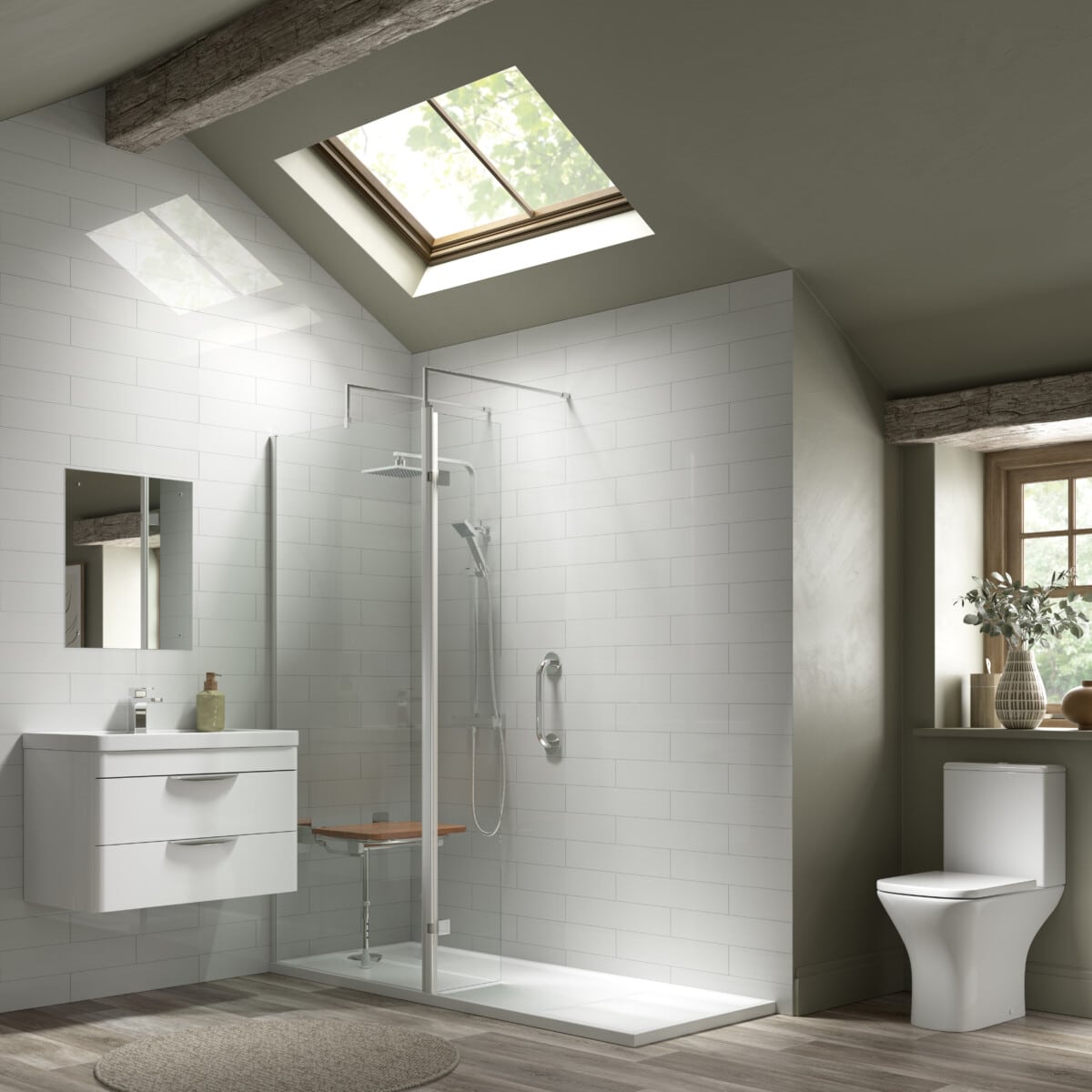Modern bathroom with white tiles, floating vanity, walk-in shower with glass door and wooden seat, skylight above, and a toilet by a window with a vase on the ledge. Exposed wooden beams on the ceiling.