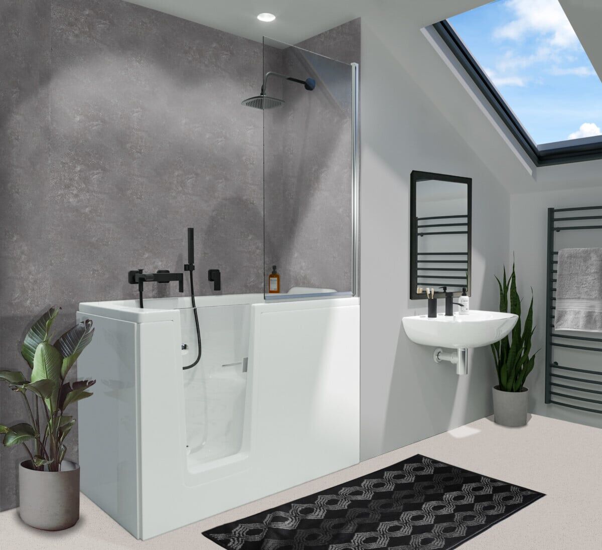 Modern bathroom with a walk-in bathtub, shower, wall-mounted sink, potted plant, towel racks, and a skylight letting in natural light. A patterned black rug is on the floor.