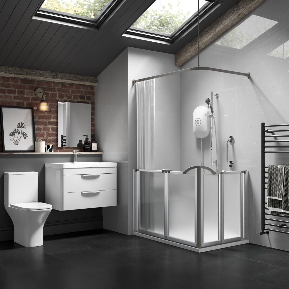 Modern bathroom with a skylight, brick accent wall, white toilet, floating vanity, framed mirror, walk-in shower with glass doors, grab bars, and a black heated towel rail with towels.