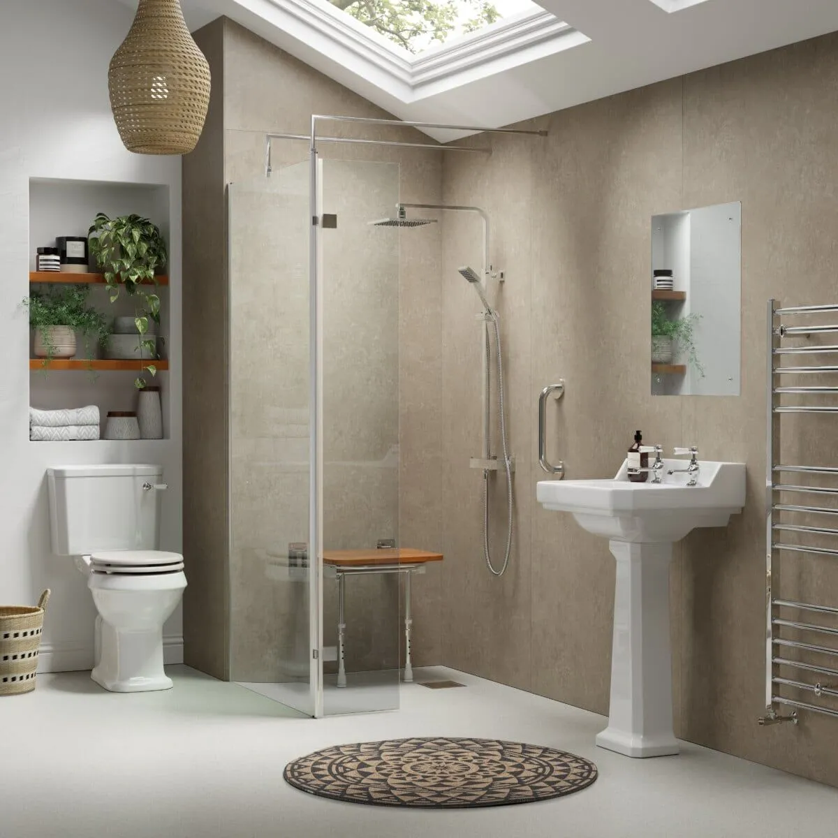 Stone-effect bathroom with a large walk-in shower wooden fold-down seat pedestal basin and chrome towel rail