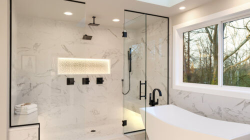 Modern bathroom with white marble walls and floor, a glass-enclosed walk-in shower with black fixtures, a built-in bench, a freestanding white bathtub, and a large window with a view of trees outside.