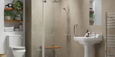 An image of a walk in shower in a modern bathroom
