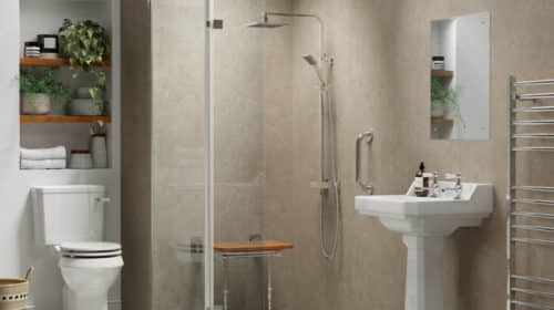 An image of a walk in shower in a modern bathroom