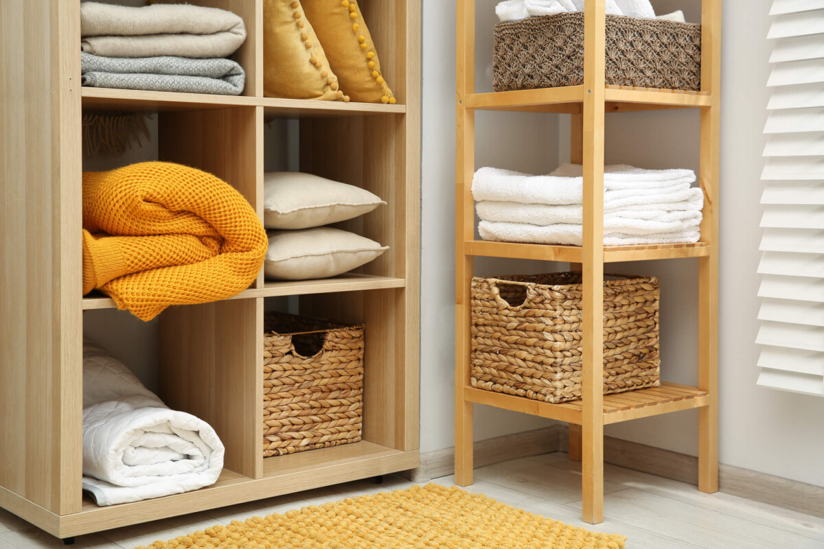 Home textile organization. Folded towels, blankets and pillows on shelving units.