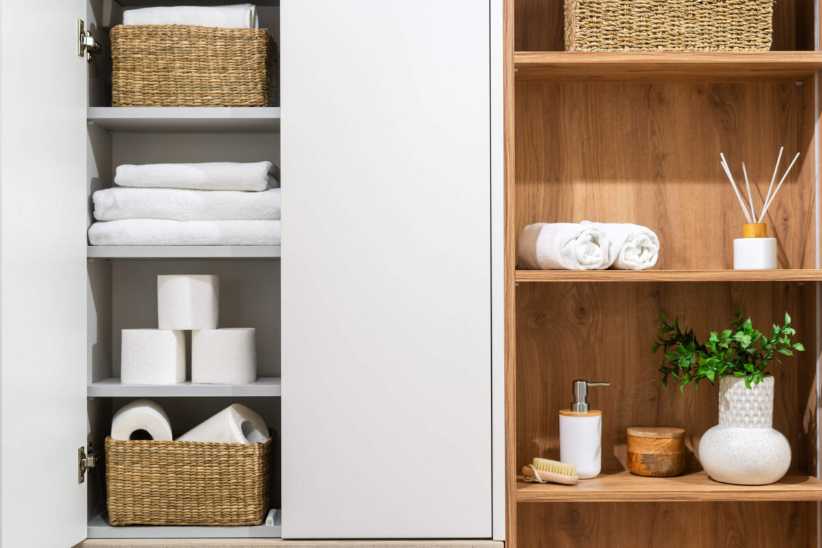 Organized bathroom cabinet with shelves full of personal accessory, towels, cosmetic and toilet papers