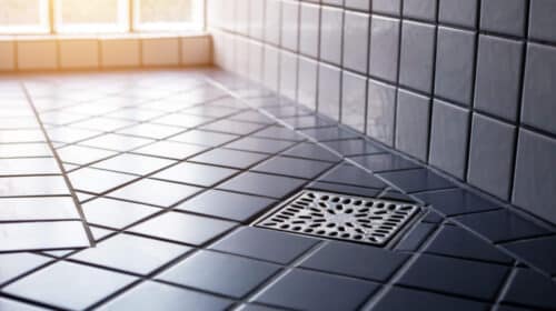 Blue tiled bathroom flooring