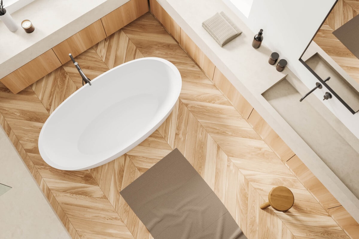 Overhead shot wooden bathroom flooring.