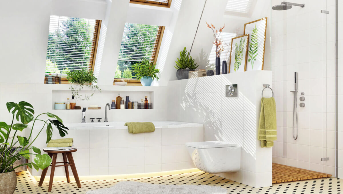 Modern bathroom interior with window shelves.