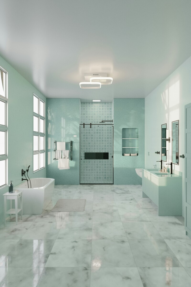 A pastel green bathroom decorated with white accent pieces including a white sink and bath